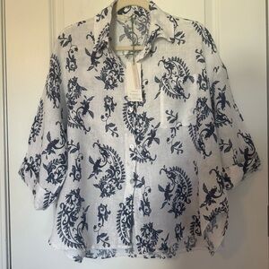 NWT Linen & More Women’s 100% Linen Navy and White Paisley Floral One Size Top